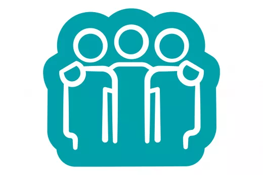 Drei stilisierte Menschen, die in einer Gruppe zusammenstehen